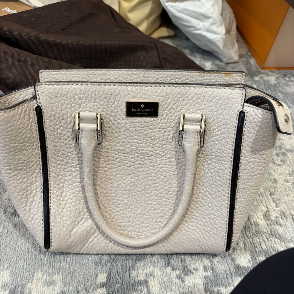 kate spade white pebbled leather satchel with black trim
